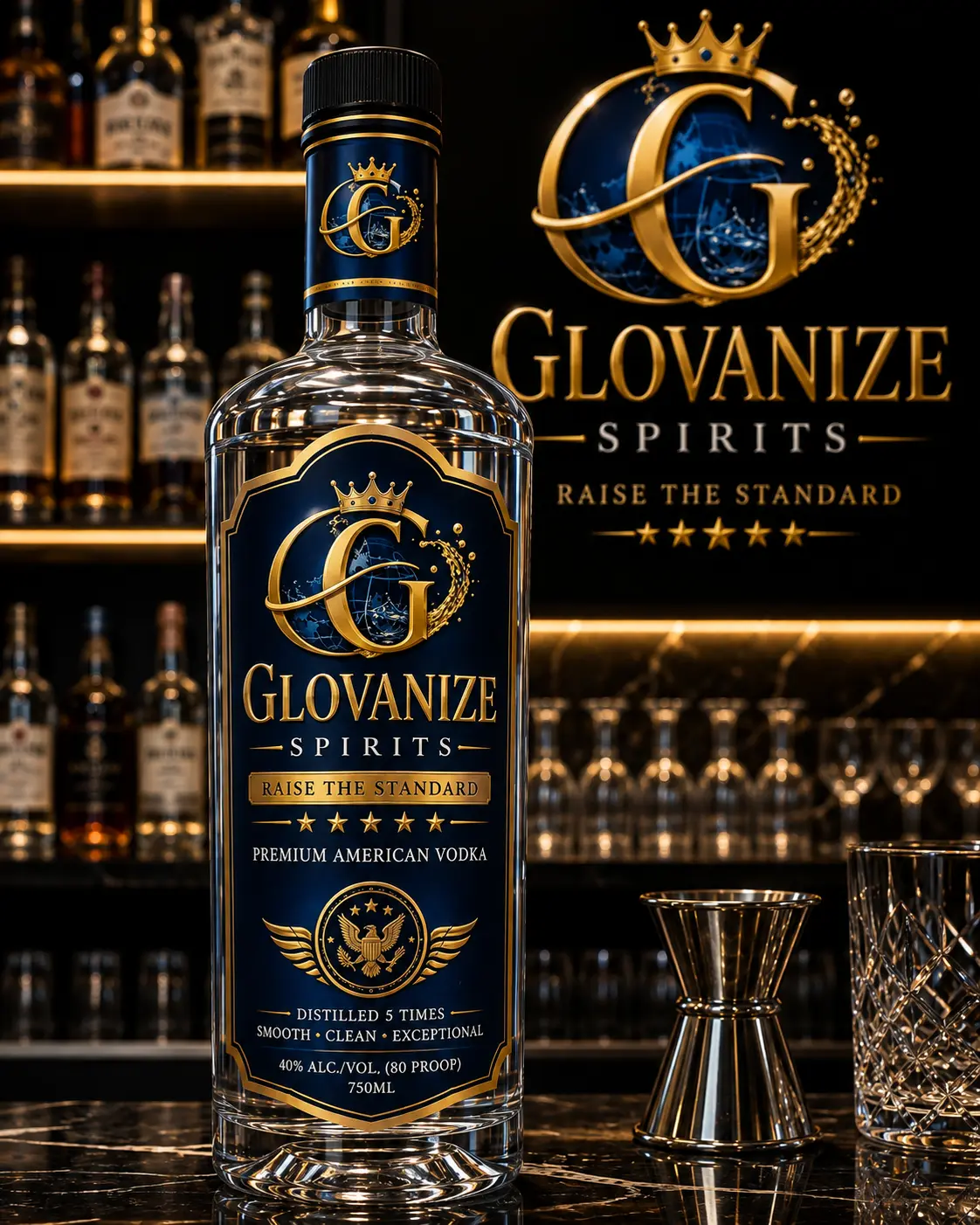 Glovanize Spirits Premium American Vodka bottle with gold label